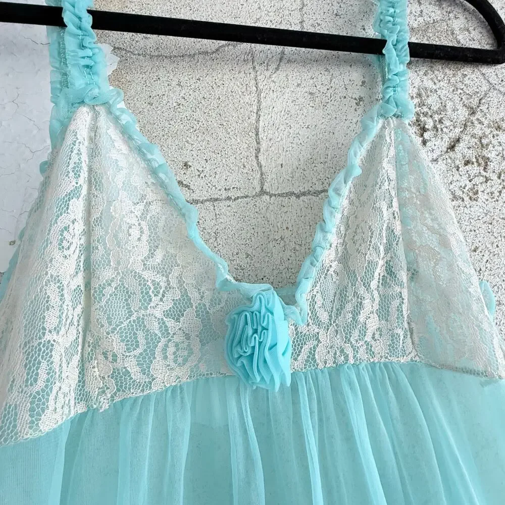 Vtg 60s Babydoll Nightgown Maxi Slip Dress Sheer Aqua‎ Chiffon Lettuce Hem Fairy - Picture 4 of 7
